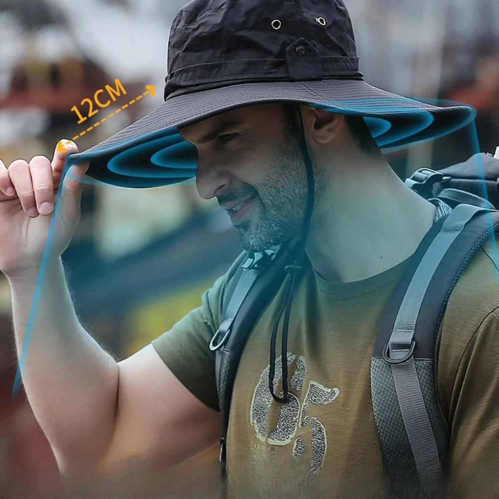 Summer Men's Hat Sun Protection Fishing Hat Breathable Mesh Camping Hiking Caps Wide Brimmed Bucket Panama Anti-UV Sun Hats