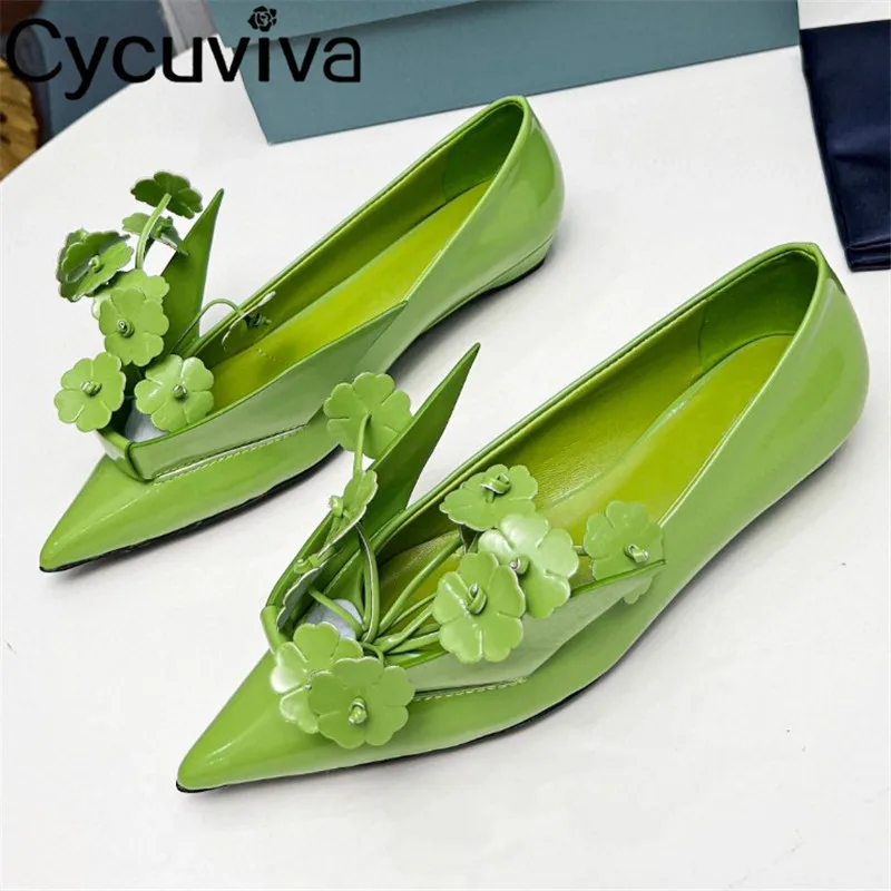 

2023 Summer New Pointy Toe Flat Shoes Woman Designer Brand Leather Flower Decoration Walking Shoes Sexy Party Dress Shoes Women