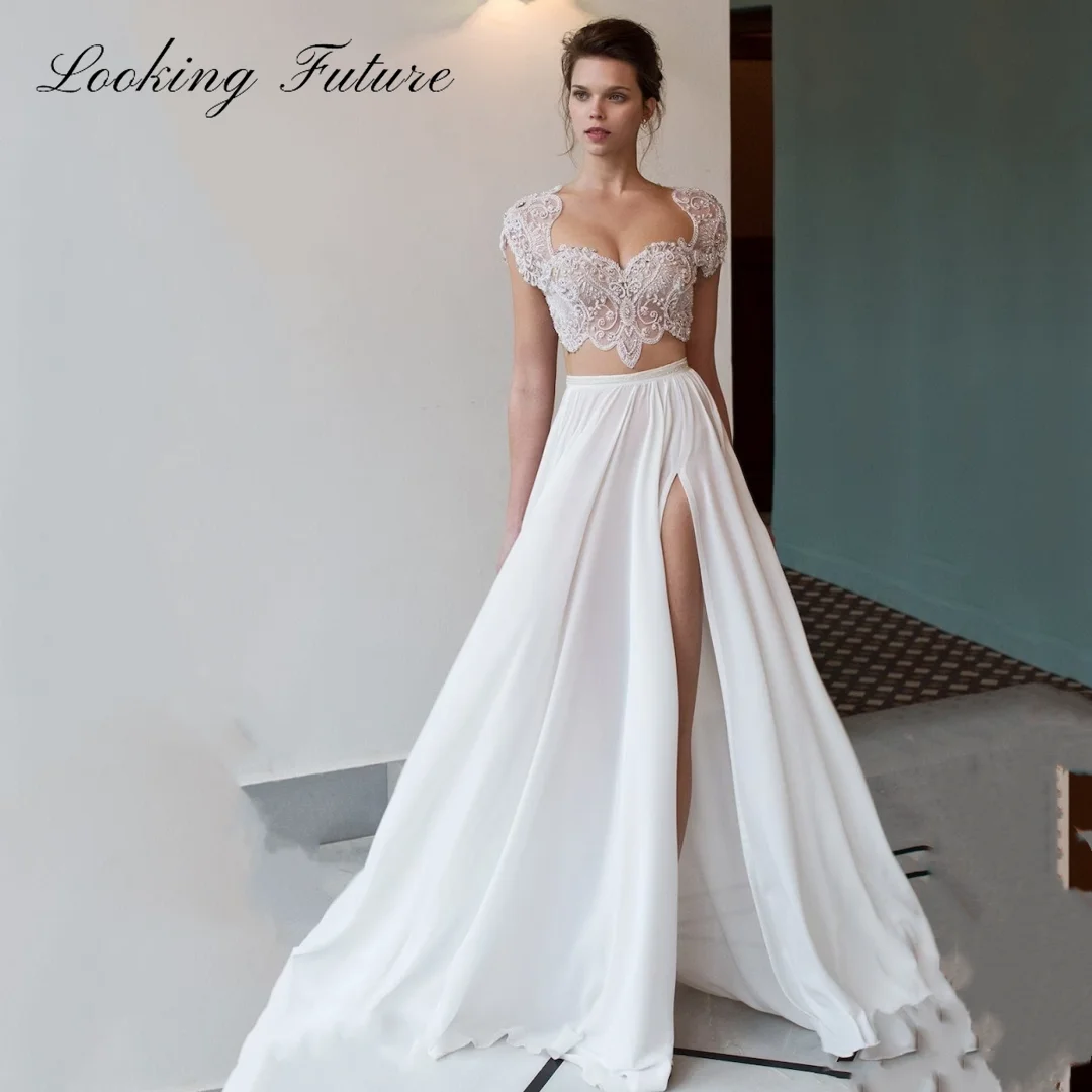 Boho Lace Chiffon A Line Wedding Dress Sleeveless Sweetheart Bride Dress For Woman 2024 Luxury Pearl Embroidery Vestido De Noiva