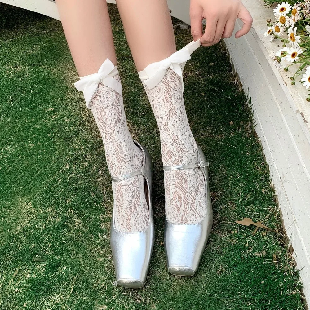 

Bow Summer Socks for Women Thin Balletcore Short Invisible Ruffle Camellia Socks Anti-bacterial Lace Short Socks Ladies