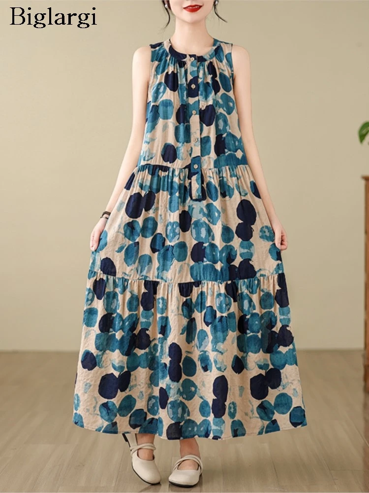 

Женское длинное платье в горошек, свободное плиссированное платье-трапеция без рукавов и с оборками, летнее платье большого размера