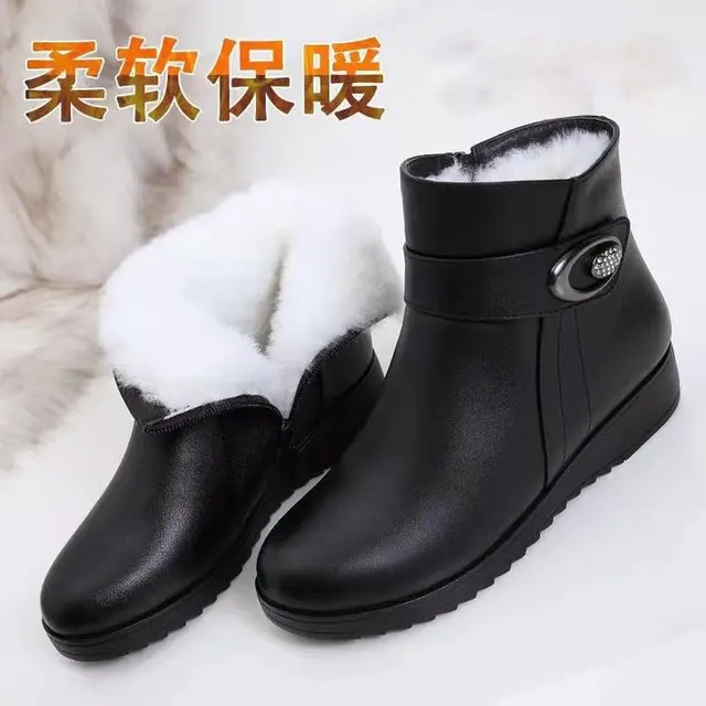 2022 New Black Wedge Womens Winter Boots Non-slip Warm Fur Ankle Boots  Women Cheap Leather Boots For Mother Winter Shoes Famale - Women's Boots -  AliExpress