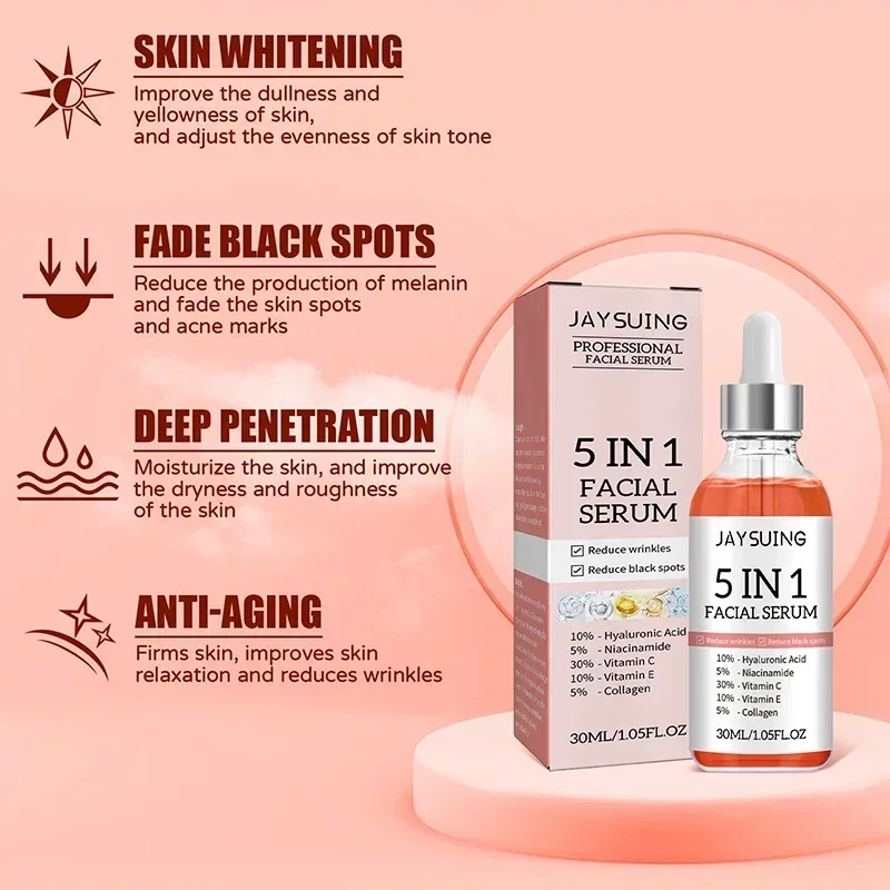 5 In 1 Face Serum Moisturizing Hyaluronic Acid Anti Wrinkle Aging Vitamin C Whitening Facial Serum Shrink Pores Skin Care 30ml 5