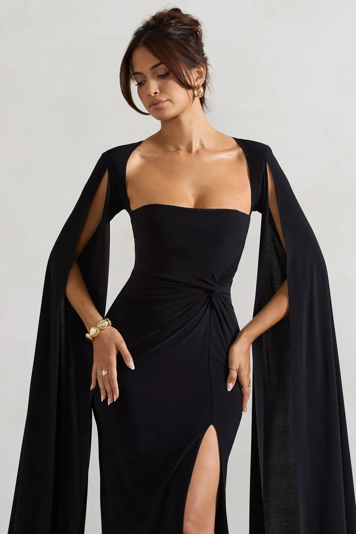 Elegant Bodycon High Slit Long Sleeved Shawl Women Dress Elasticity Tight Sexy Party Club Evening Dress Female Vestido