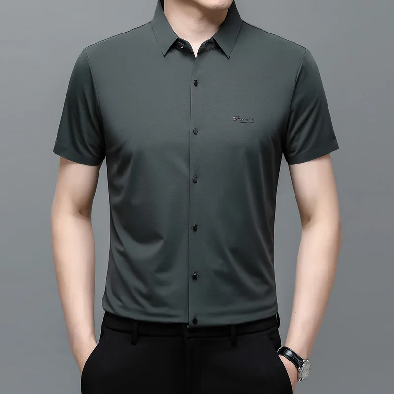 High End Men's Shirts Short Sleeve Fashion Turn-down Collar Business Casual Breathable Non Ironing Seamless Loose Fitting Tops