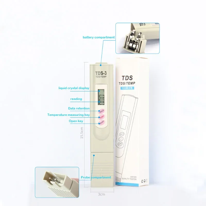 Portable Pen TDS Tester Digital Water Meter Filter Measuring temperature Water Quality Purity Drinking Aquariums 0-9999ppm