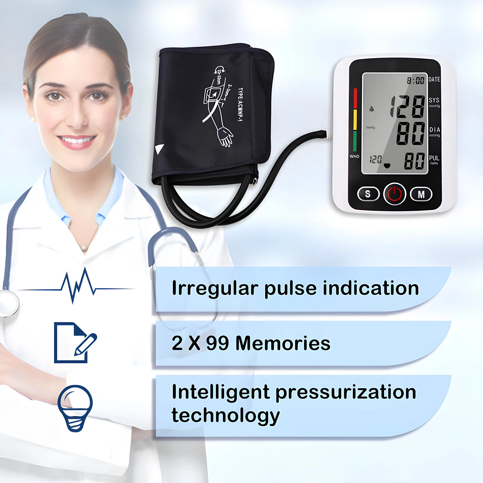 Blood Pressure Monitor Meter Digital Tonometer Upper Arm Automatic BP Pulse Medical Sphygmomanometer