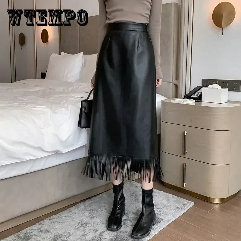 

WTEMPO Women's Pu Skirts Tassel Hem Fashion Dress for Girl Faux Leather High Waist Solid Color Fall Winter Midi Skirt
