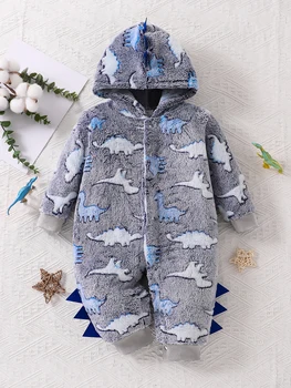 Autumn and Winter Baby Girl Hooded Jumpsuit Knitted with Dinosaur Pattern All Over, Casual, Comfortable, Fashionable and Trendy Winter Clothing for Baby Girls, Toddler Crawling Clothes, Warm Furry Clothing 1