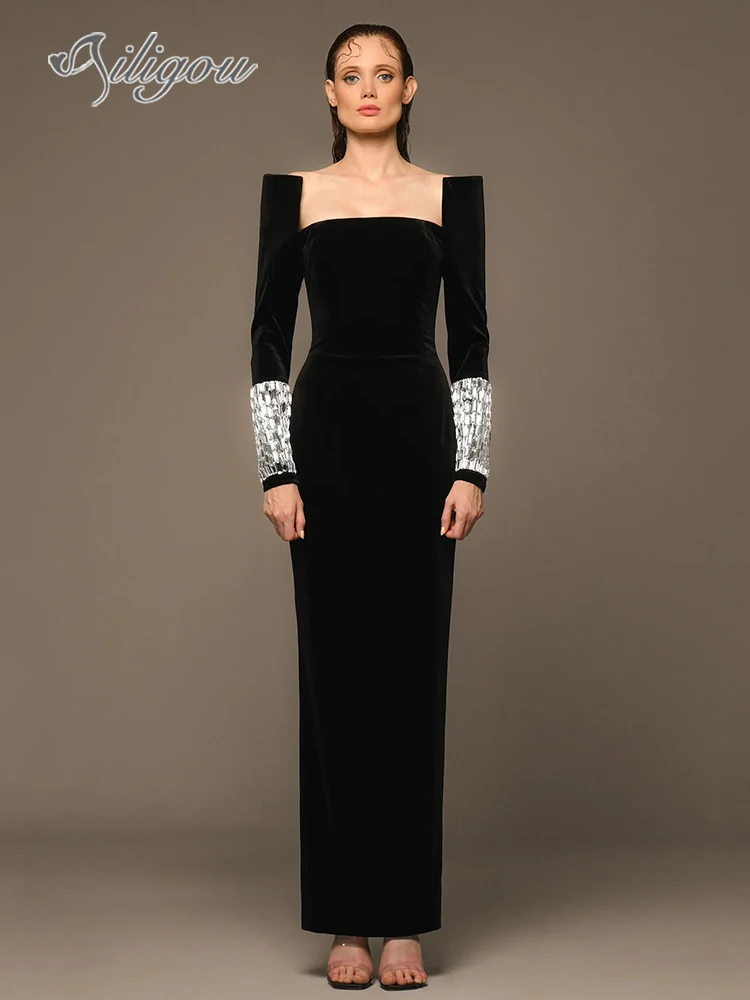 

Ailigou 2024 New Women's Black Sexy Square Neck Long Sleeve Diamond Tight Long Bandage Elegant Celebrity Party Evening Dress