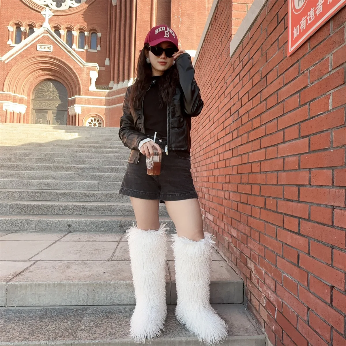 Malongji Women's Faux Fur Knee-High Boots - Winter Fluffy Snow Boots, Non-Slip Flat Sole, Warm & Fashionable