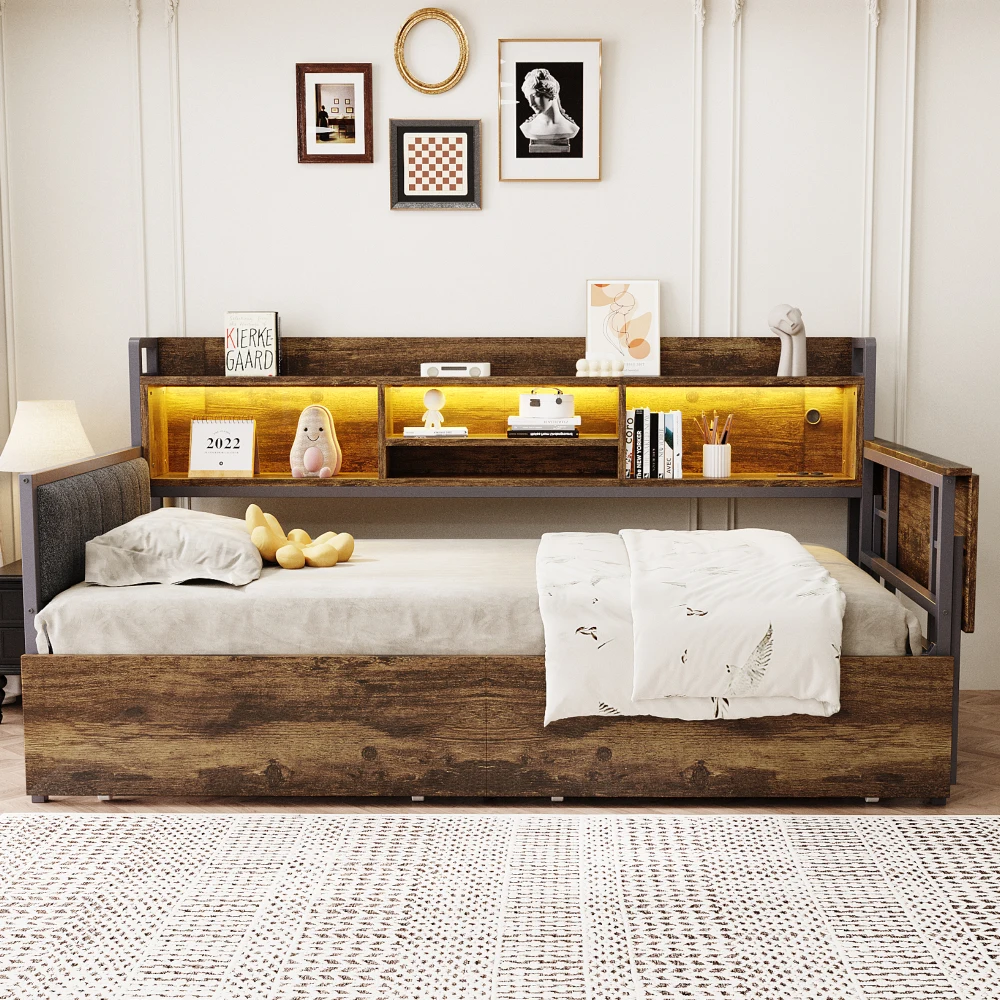 Schlafsofa aus Eisen, 90 x 200 cm, mit LED-Beleuchtung, Stauraum, mit Schubladen und Multifunktionssteckdose, ausklappbarer Schreibtisch, weiche Rückenlehne – Detail 24