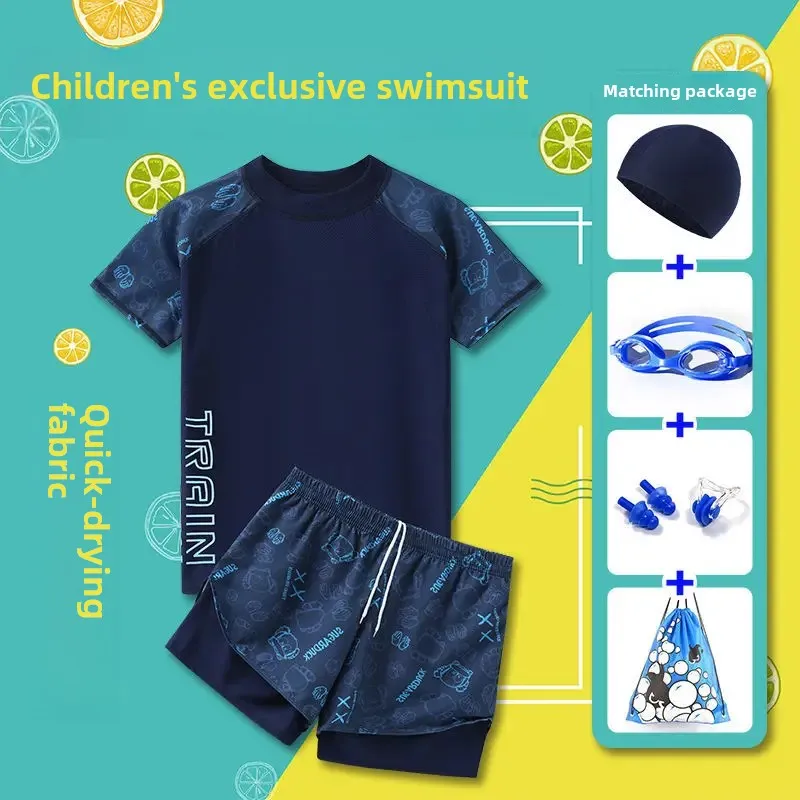 Children's Two-Piece Swimming Suits Boys' Double Layer Swimming Trunks Winter Equipment Set Kids' Sportswear And Bag Accessories
