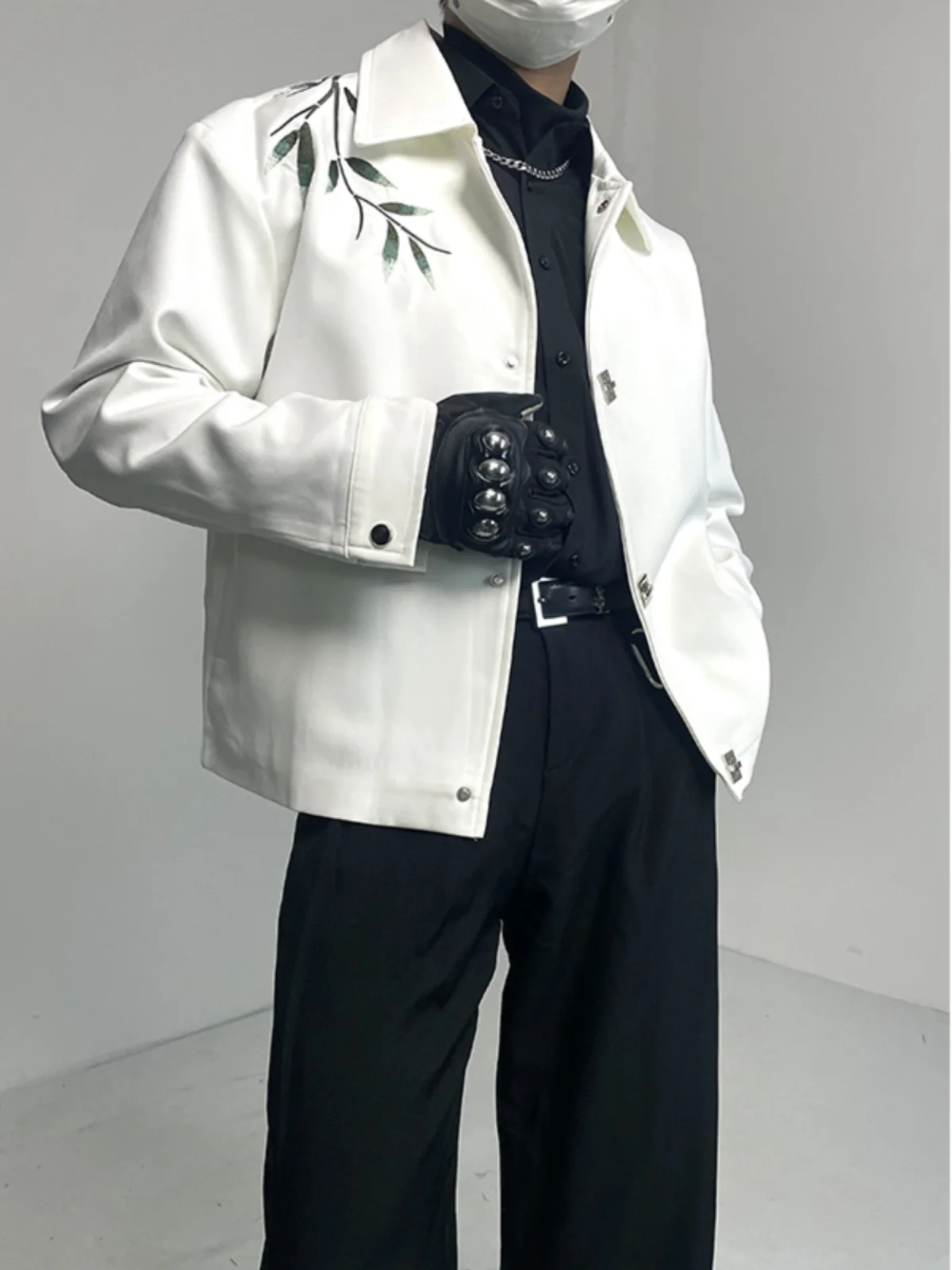 Fashionable New Chinese Spring Green Bamboo Embroidery Padded Shoulder Jacket Men's High-End Long Sleeve Trendy Male Tops