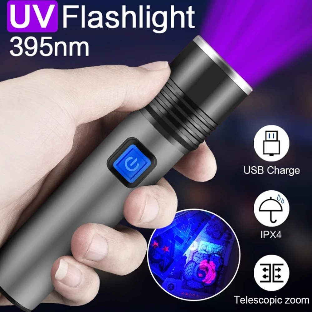 Rechargeable LED UV Flashlight Ultraviolet Torch Zoomable Mini 395nm UV Black Light Pet Urine Stains Detector Scorpion Hunting