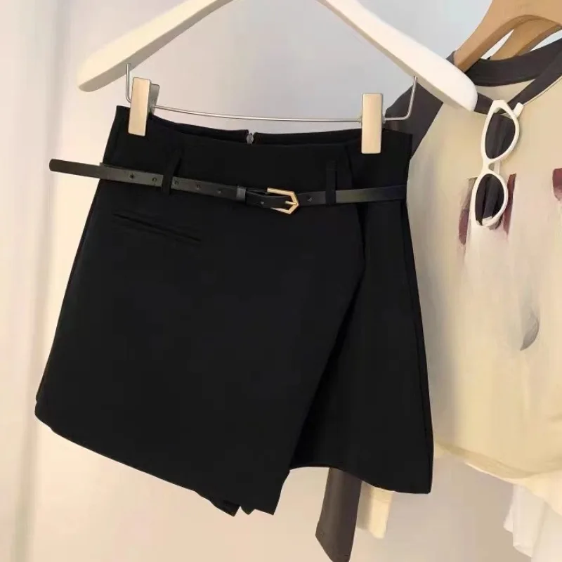 High Waist Wide Leg Mini Skirts Women Belts Solid Color Autumn Winter Loose A-line Simple Korean All-match Comfortable Casual 3