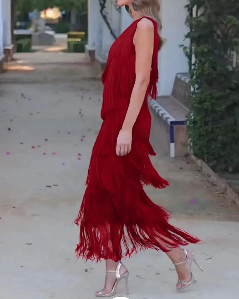 BKLD Solid Color 2026 Spring Summer New Fashion Tassel One Shoulder Sleeveless Asymmetric Dress Clothes For Women Evening Dress