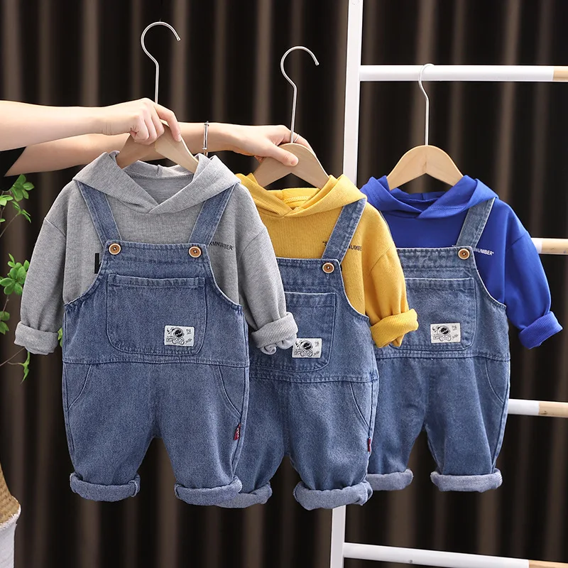 

Toddler Spring Outfits for 2 Year Old Girl Pullover Long Sleeve Hooded Hoodies and Denim Overalls 2PCS Baby Boys Sets Clothing