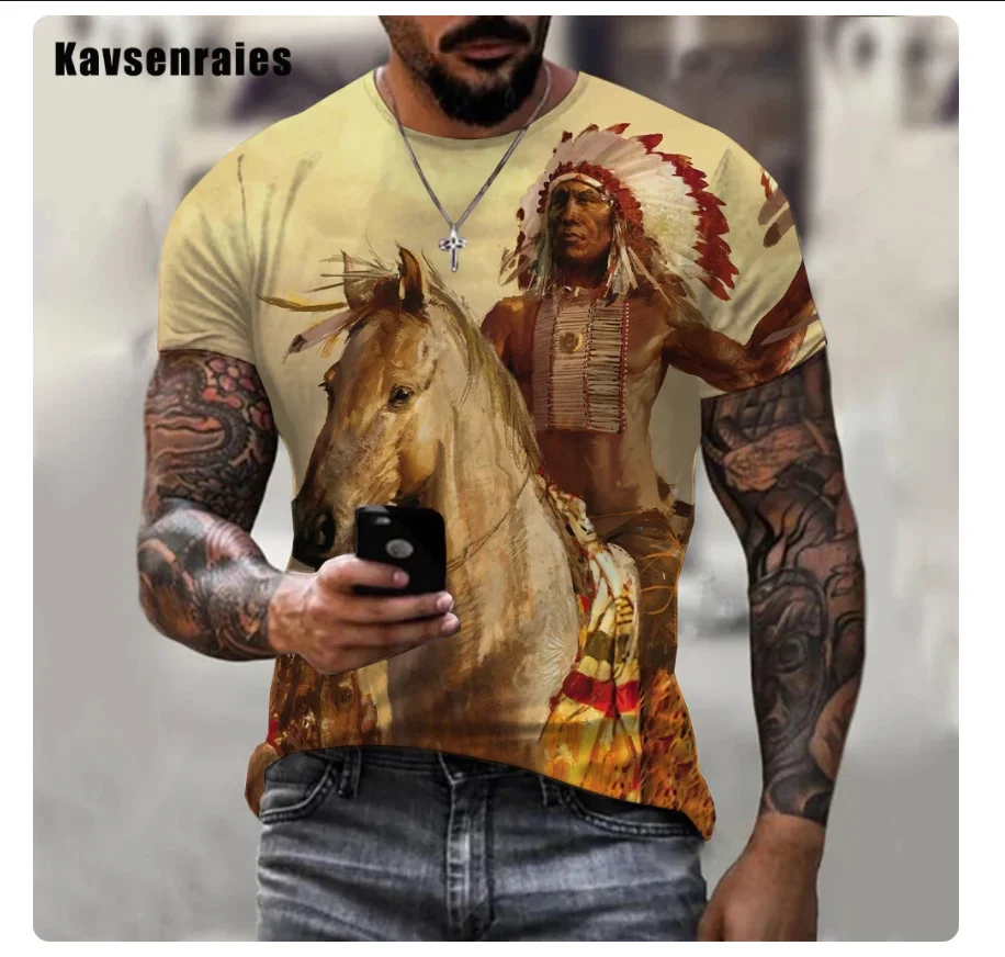 Kaus 3D gambar grafis Indian kaus antik kepribadian kaus pola karakter menarik atasan kasual pria wanita 6XL
