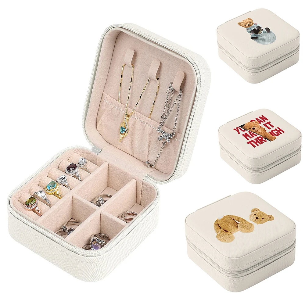 2023 Portable Jewelry Box Travel Organizer Leather Storage Earrings Necklace Boxds Ring Jewelrys Case Display New Bear Printing 20pcs 6x9cm printing kraft paper cards for earrings necklaces jewelry display packaging backing cardboard hanging price tag card