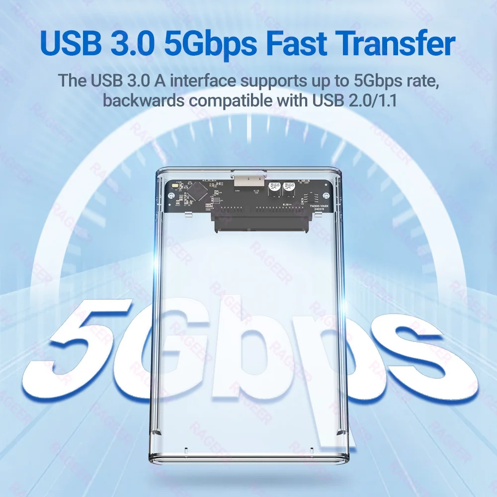 레이지어 2.5 외장 하드 드라이브 엔클로저 USB 3.0 to SATA 투명 하드 디스크 케이스 (7mm/9.5mm SATA HDD/SSD 최대 6TB 지원, UASP 지원)