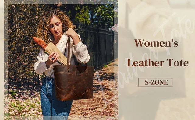 S-ZONE Genuine Leather Tote Bag — Large Work Bag For Women, Vintage Crazy Horse Leather, Laptop Compartment, Crossbody Strap - View #7