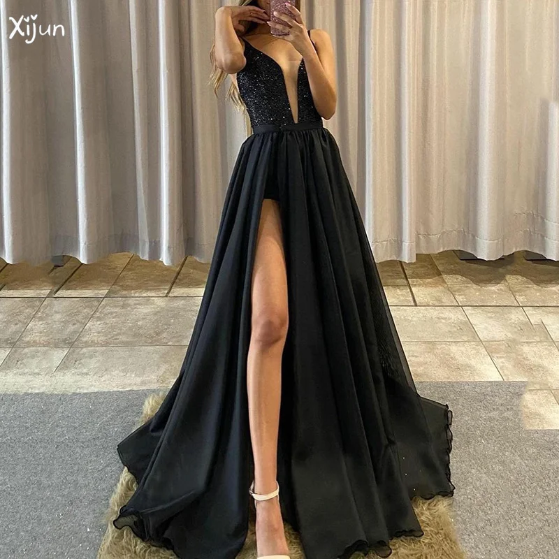 

Xijun Glitter Tulle A Line Evening Dresses Black Sheer Deep V Neck Party Gowns Spaghetti Strap Backless High Split Prom Dress