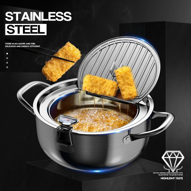 24CM Japanese Deep Frying Pot Oil Fryer with a Thermometer and a Lid 304  Stainless Steel Kitchen Tempura Fryer Pan - AliExpress