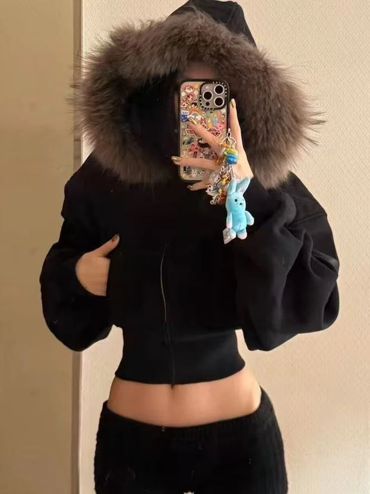 Koreanische Mode Pelz Kragen Gestellte Hoodies Frauen Slim Fit Zipper Langarm Sweatshirt High Street Y2K Kapuze Hemd Weibliche Jacken
