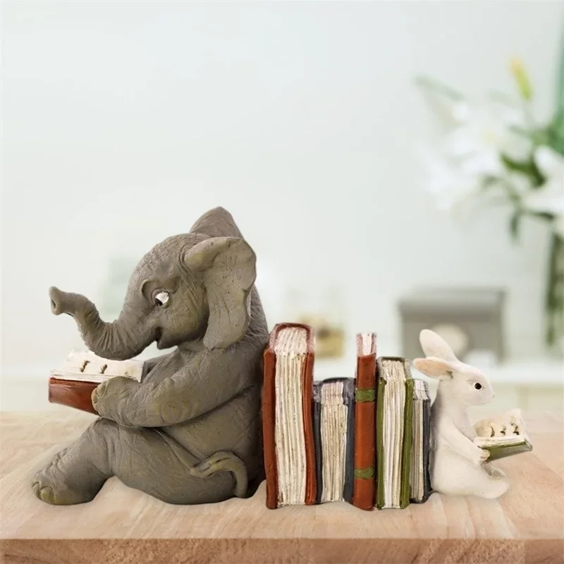 Elephant and Rabbit Reading Learning Statue Bookend Resin Animal Statue Decoration Home Decor