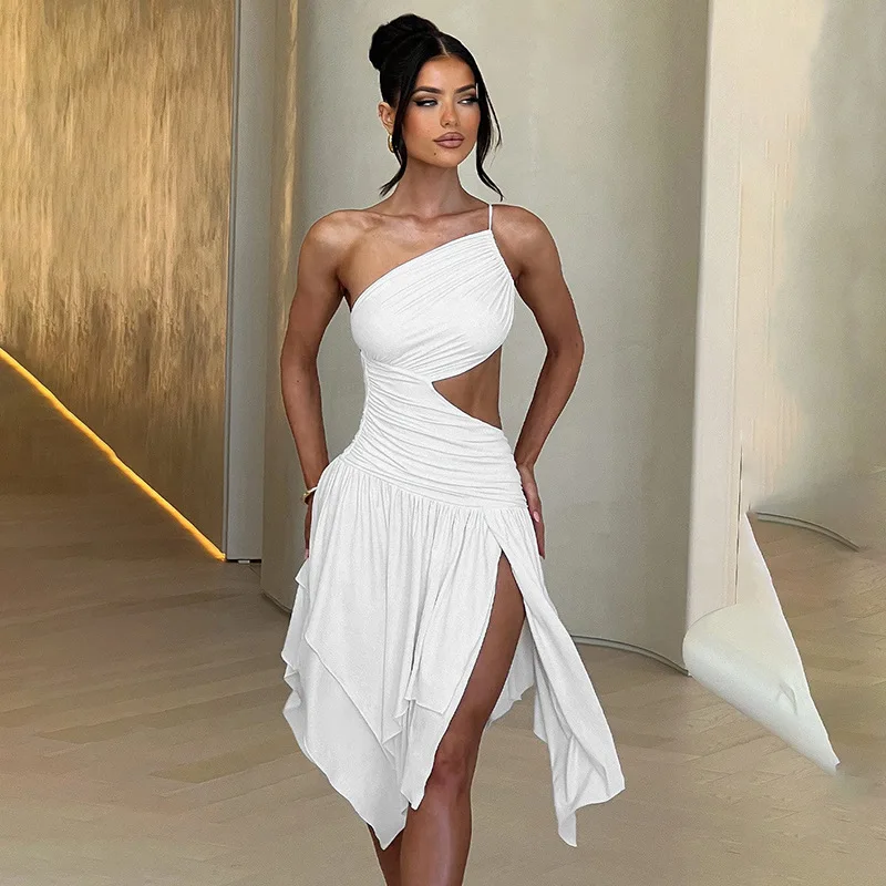

Women's 2024 Summer New Solid Color Waist Slim Slit Irregular Dress Elegant Sexy Party Dress Club Clothing