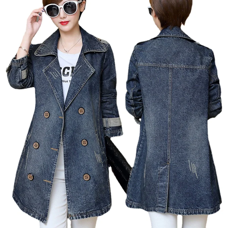 Spring Fashion Ripped Midlength Denim Jacket Women's Fat Mm Loose Plus Size Women's Clothing