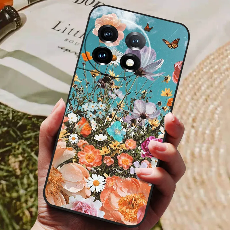Cat Rose Flower Design Black Soft Frame Protective Phone Case Cover