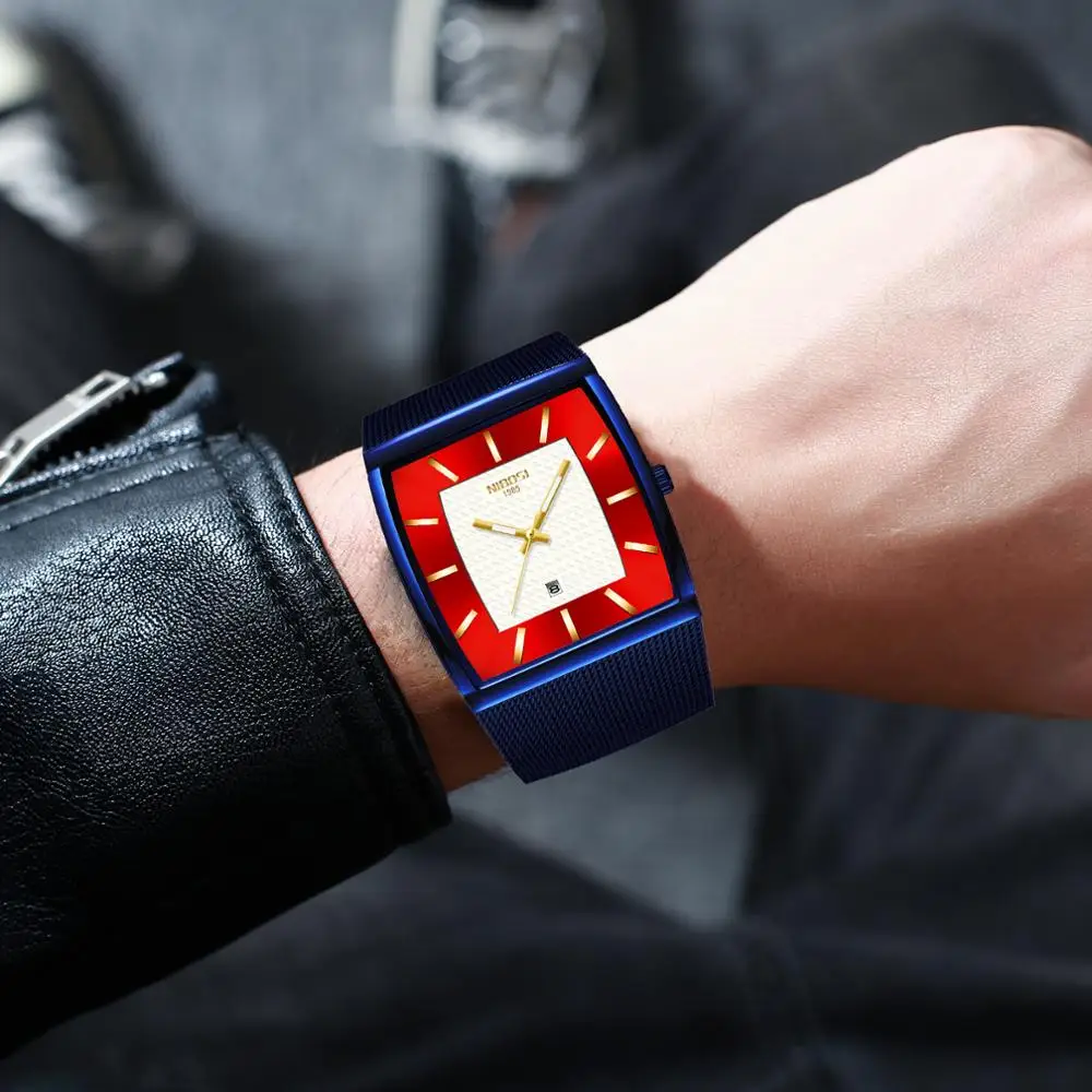 Mens Watches Luxury Blue Square Quartz Watch Man Slim Waterproof Golden Male Wristwatch Men_voghion.com