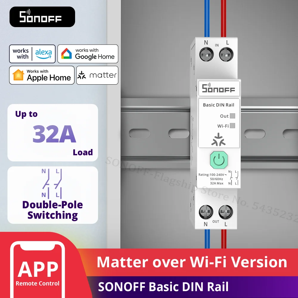 SONOFF BASIC-1GSP, Sensor de Riel DIN Básico, Versión Matter Over WiFi, Carga de 32A, Seguimiento de Facturas de Energía Eléctrica, Compatible con Apple Home