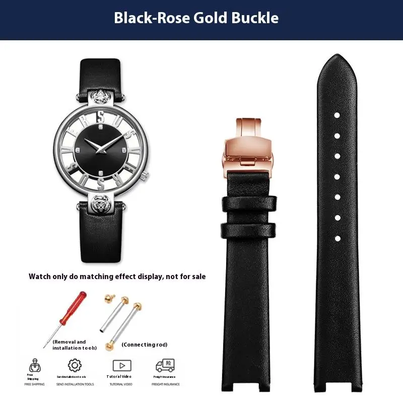 Women's Genuine Leather Cowhide Watchband with Notched 16mm Butterfly Buckle
