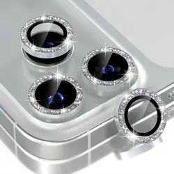 Bling Glitter Diamond Camera Protector with Tempered Glass Cover and Metal Frame - iPhone 14 Pro (Glitter Silver)