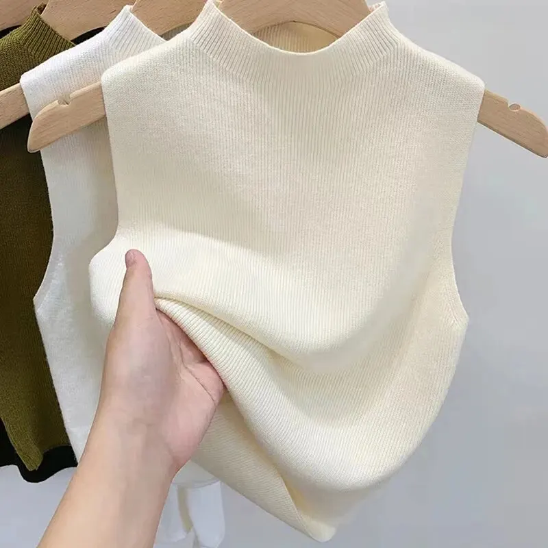 1PC Fashion Half Turtleneck Knitted Tank Top Summer Women Casual Solid Color Sleeveless Vest