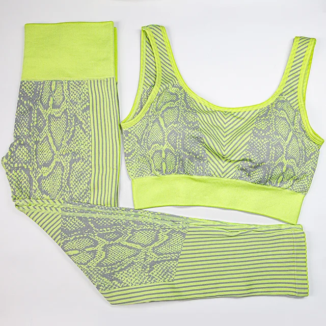 Snakeskin Women Yoga Sets Seamless Legging Fitness Suits 2 Pieces Sports Bras and Pants Gym Wear Running Clothing Wokout,ZF479 Yellow Yoga Sets