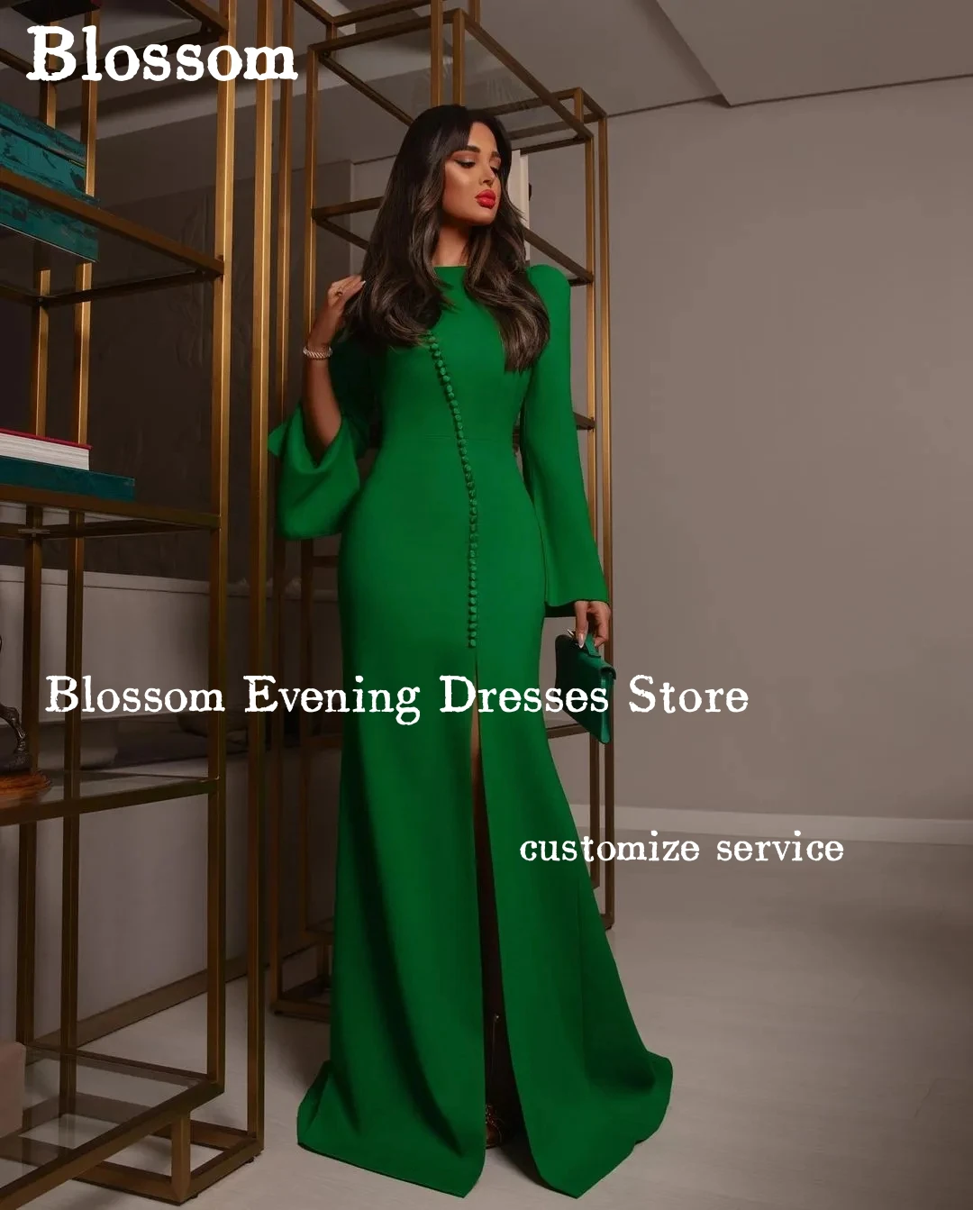 

Green Crepe Prom Dresses Mermaid Long Sleeves Floor Length Special Occasion Buttons Vestidos De Evening Dress Free Shipping