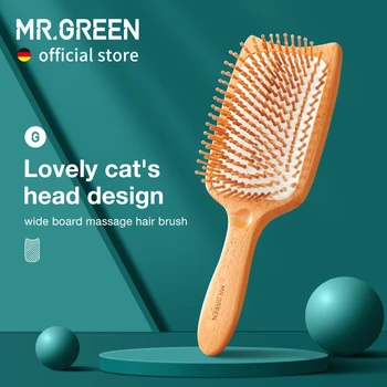 MR.GREEN Spazzola per capelli Bordo largo Massaggio Faggio naturale Testa di gatto Design Pettine Gasbag Spazzola per capelli per capelli asciutti e bagnati Districante Donne 1