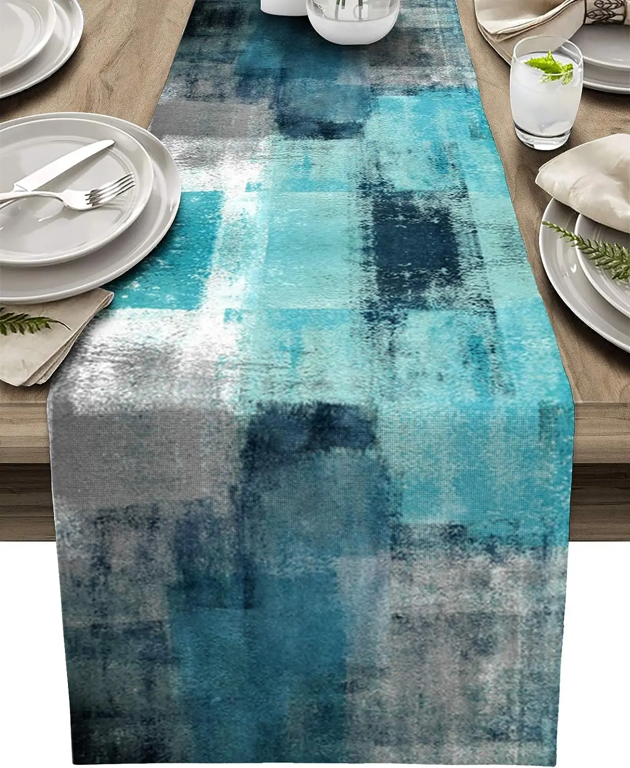 

Abstract Turquoise Grey Linen Table Runners Dresser Scarves Table Decor Washable Dining Table Runners Holiday Party Decorations
