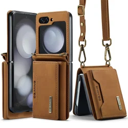 Magnetic Leather Wallet Phone Case with Card Holder & Kickstand for Samsung Z Flip 5 (Brown)