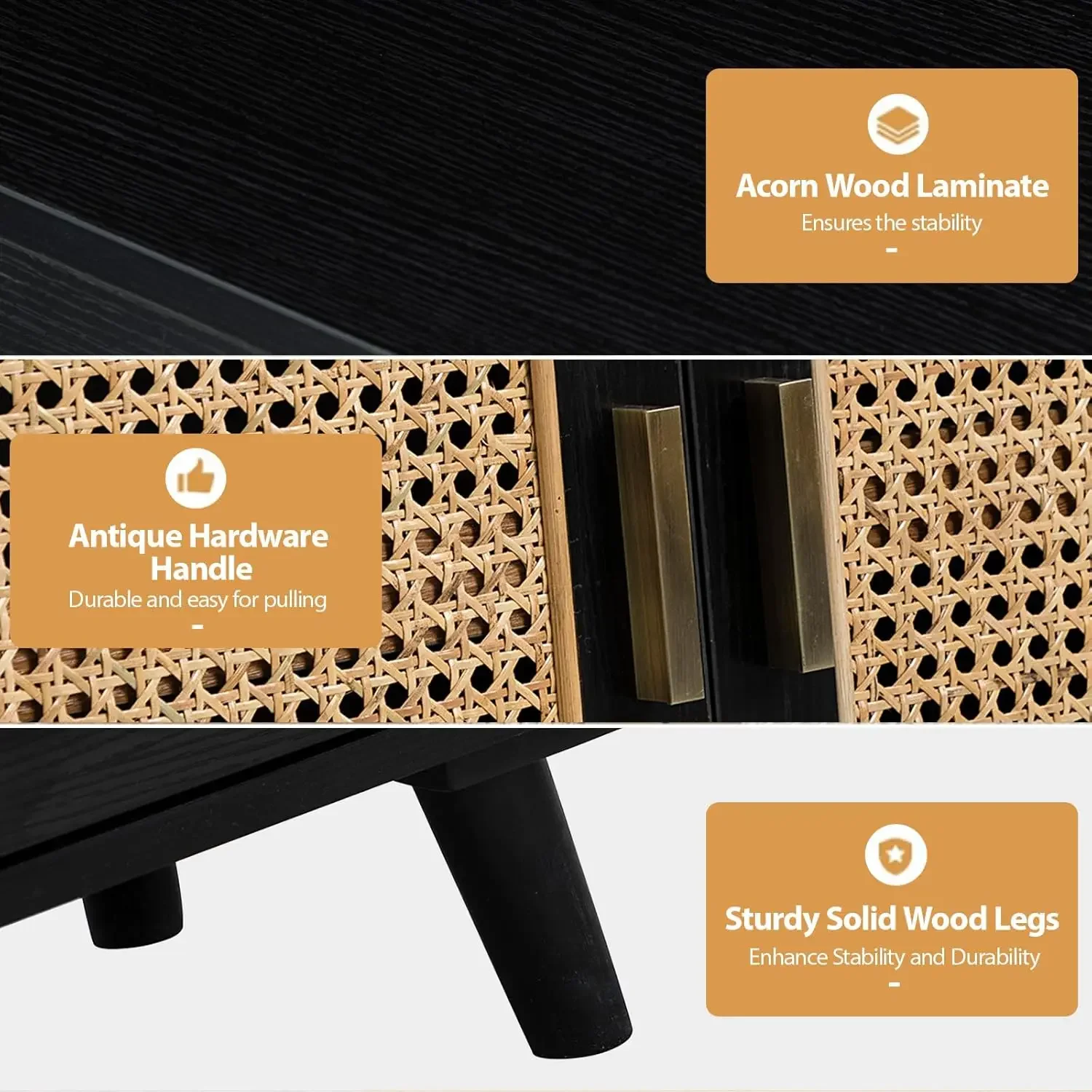 NEW-Accent Storage Cabinet with 3 Natural Rattan Doors & Wood Legs, 2-Tier Shelf Sideboard Buffet Cabinet, Cupboard Console Tabl