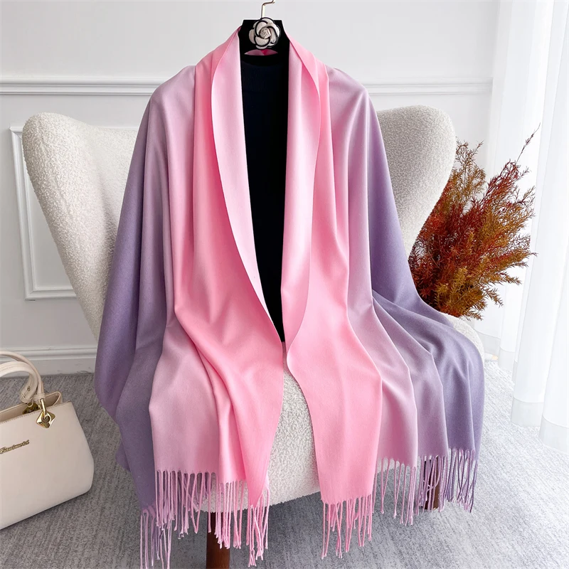 Fashion Solid Kaschmir Warm Schal für Frauen Neue Design Pashmina Winter Doppel Farbe Schal Wraps Bufanda Quaste Decke Poncho – Detail 2