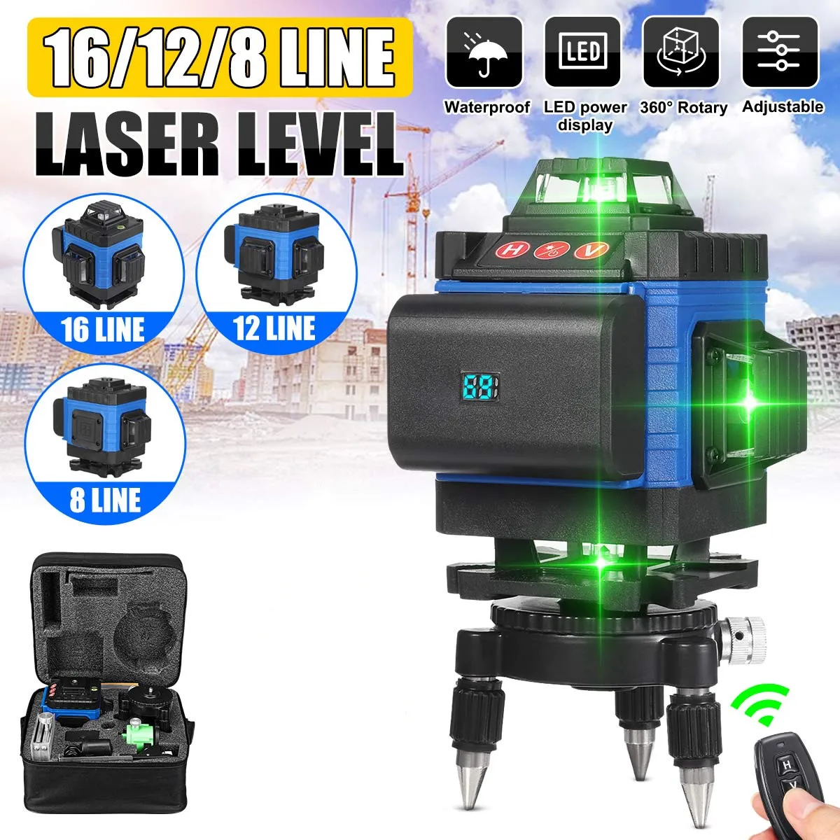 12/16 Line Laser Level 360° 3D Green Laser Tool Auto ±3° Self-Leveling Cross 