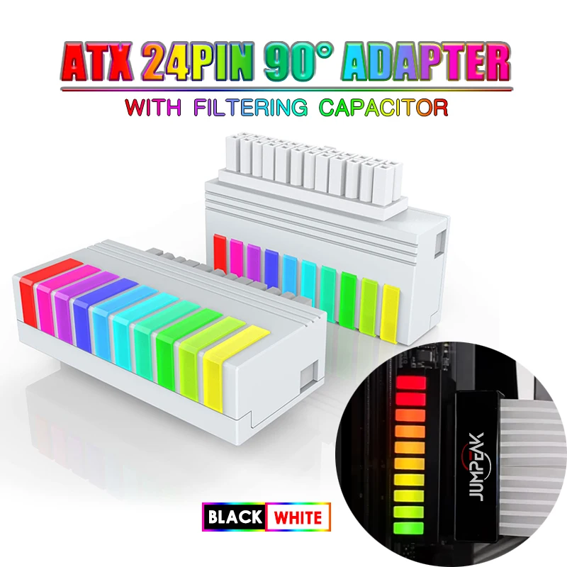 JUMPEAK 컴퓨터 ATX 24핀 90도 어댑터 플러그 ARGB 동기화 직각 PSU 전원 공급 모듈식 커넥터