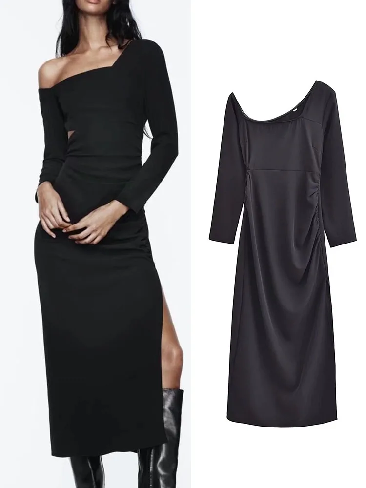 

TRAF New Women's Sweet Stylish Dress Sexy Slim Asymmetric Collar Off-shoulder Plead Long Sleeve Dress Chic Cut Out Long Dress