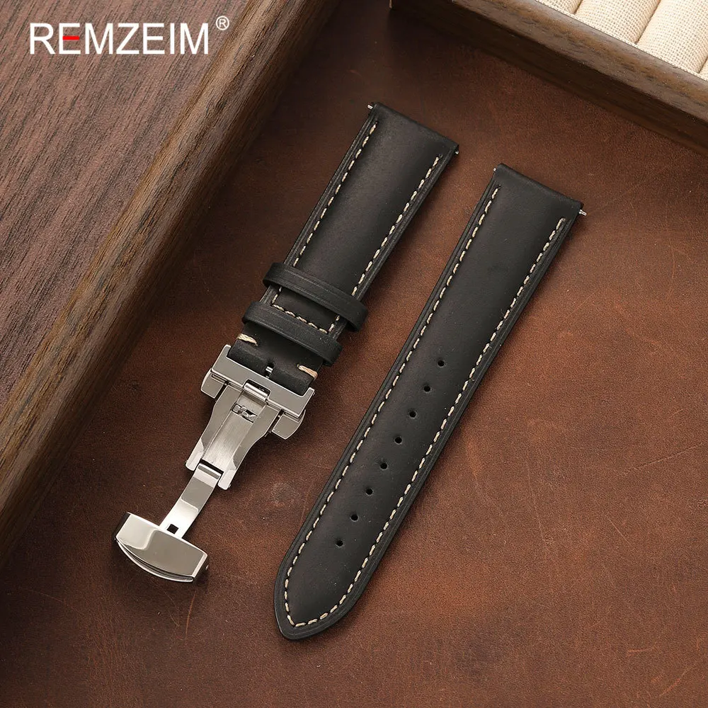 Deluxe Vintage Leather Watch Strap with Quick-Release Butterfly Buckle