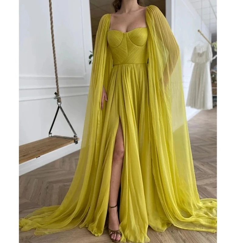 

Angelsbridep Elegant Yellow Chiffon Prom Dresses Party Dress Sweetheart Pleats Side Slit Long Cape A Line Evening Gown Plus Size